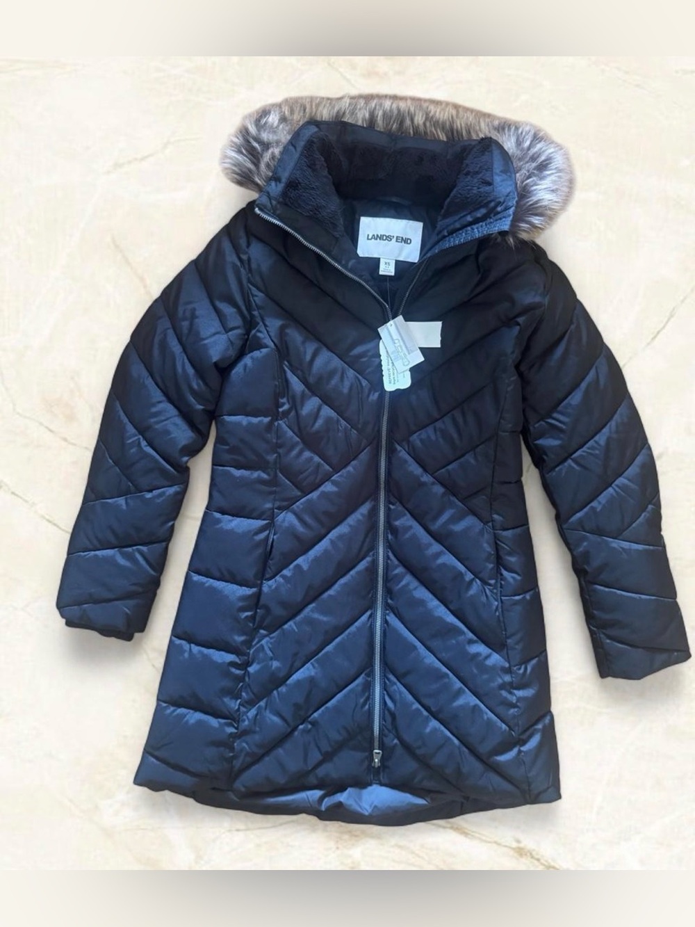 Lands' End Feather Free Quilted Black Puffer Jacket with Faux Fur Hood XS NWT